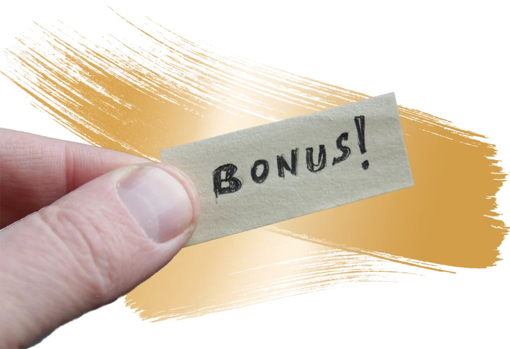 Bonus - Hand die eine Zettel zwischen Daumen und Zeigefinger hält mit Aufschrift "Bonus"